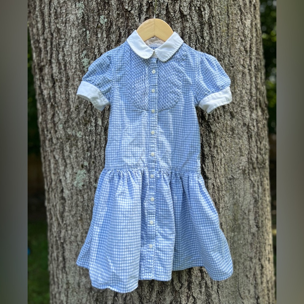 Ralph Lauren Girl’s Cottagecore Blue White Gingham Dress Peter Pan Collar 5T